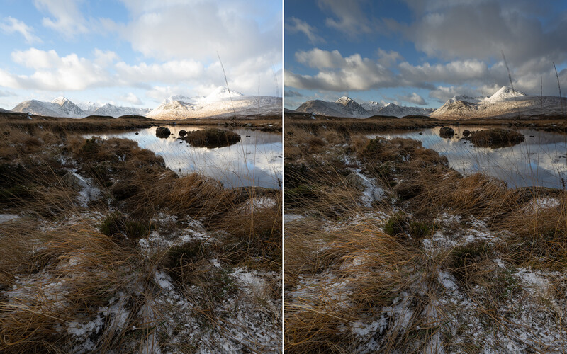 Side-by-side comparison of the same landscape showing different post-processing approaches to the same scene.