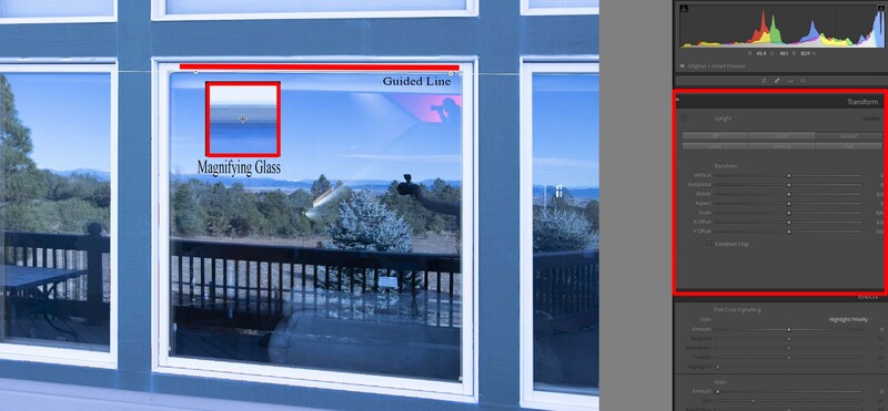 Screenshot showing photo editing software with histogram and adjustment panels alongside a landscape image with magnifying glass highlighting sky detail.