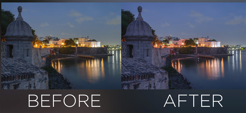 Before and after comparison of a waterfront fortress at dusk with enhanced color grading and shadow detail.