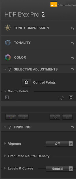 Screenshot of HDR Efex Pro 2 control panel showing tone compression, tonality, color, and selective adjustments settings.