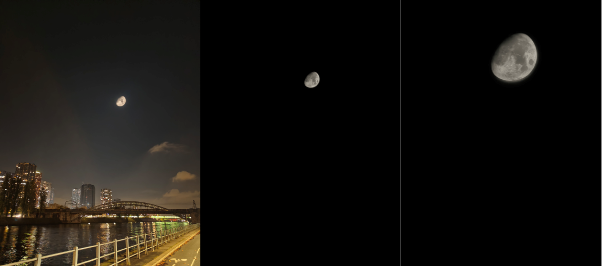 Three exposures of the moon at different sizes, from a crescent to full disk, above an urban waterfront at dusk.
