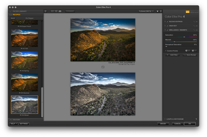 Screenshot of Color Efex Pro 4 displaying landscape photo editing interface with before and after aerial mountain valley images.