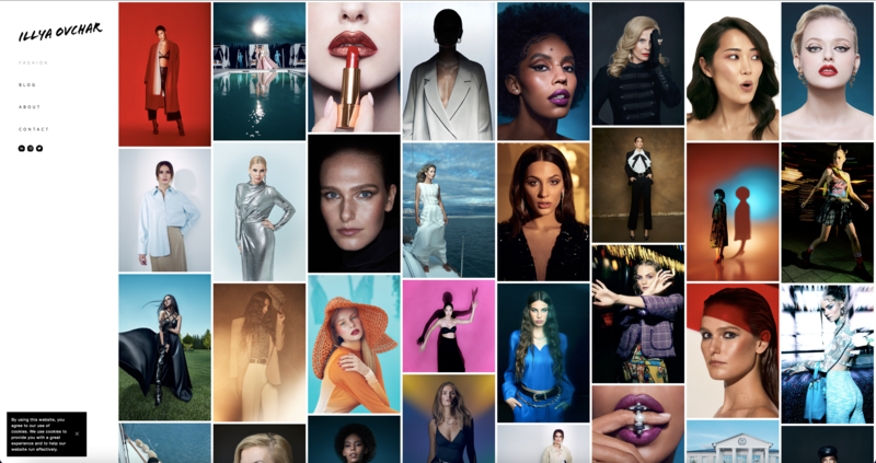 Portfolio grid displaying diverse portrait and fashion photography with varied lighting and color treatments.