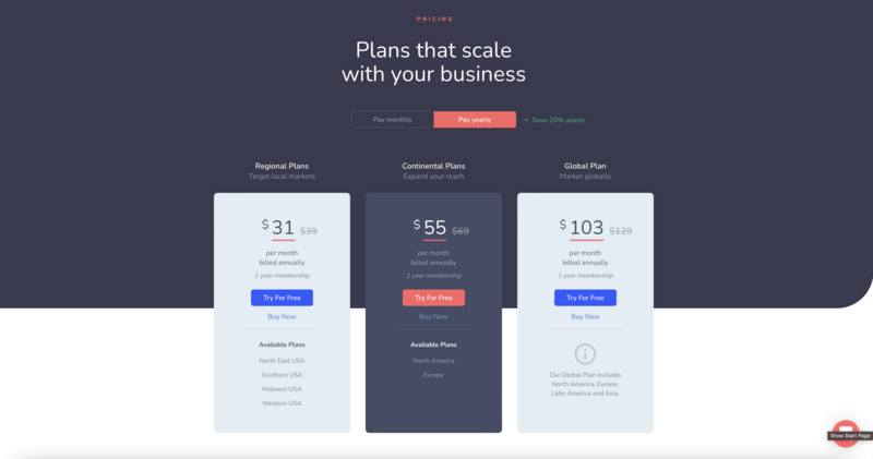 Screenshot of a pricing page with three subscription plan cards displayed side by side.