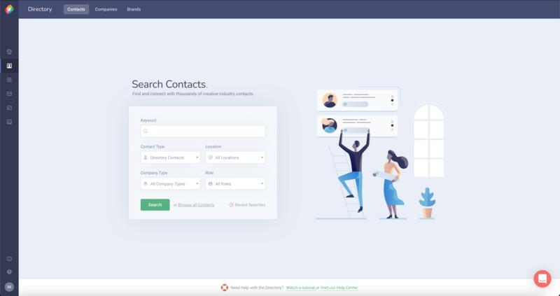 Screenshot of a contact search interface with filter options and illustrated characters.