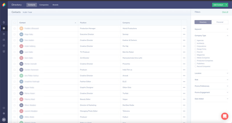 Screenshot of a contact management database interface displaying a list of professional contacts.
