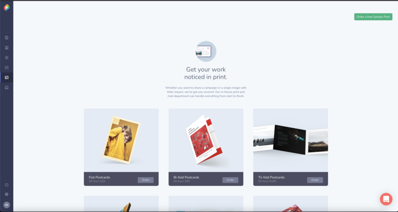 Screenshot of a print product showcase website displaying three postcard design options with sample artwork.