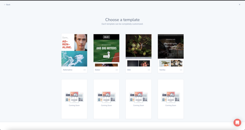 Screenshot of a template selection interface displaying eight portfolio and website layout options for photographers.