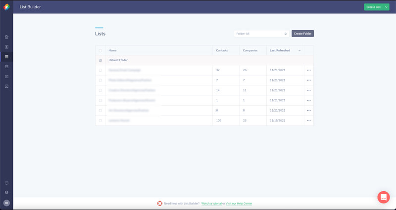 Screenshot of List Builder interface showing a table of lists with columns for name, contacts, comparisons, and last modification date.