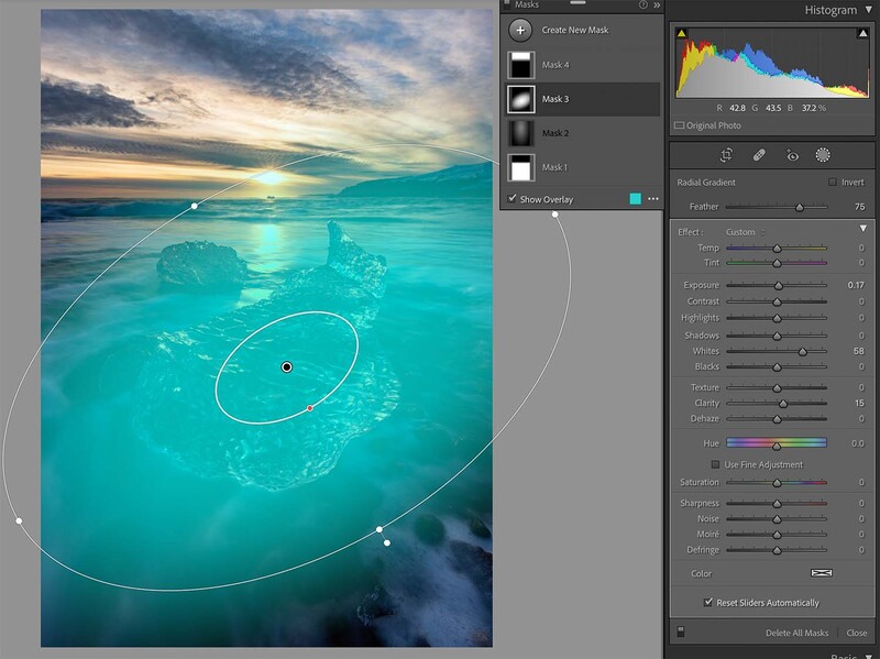 Screenshot of photo editing software showing an aerial ocean image with selection tools and histogram adjustments.