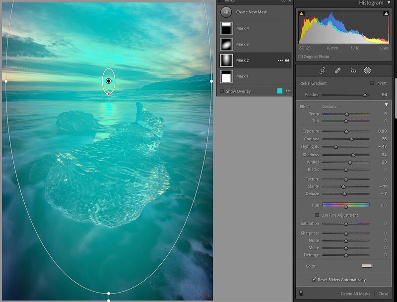 Screenshot of photo editing software showing a seascape with turquoise water and a golden sunset, alongside adjustment panels and histogram.