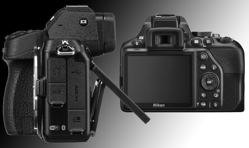 Nikon DSLR camera shown from side and rear views against a gradient background.