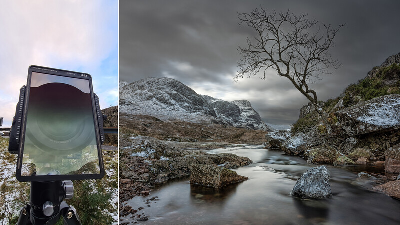 Split-screen comparison showing a camera's LCD screen displaying a landscape image alongside the actual mountain and stream scene being photographed.