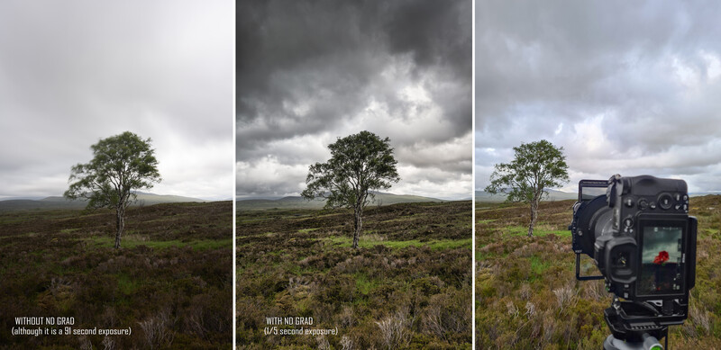 Three-panel comparison of landscape photography showing the same tree and moorland scene shot with and without a graduated ND filter.
