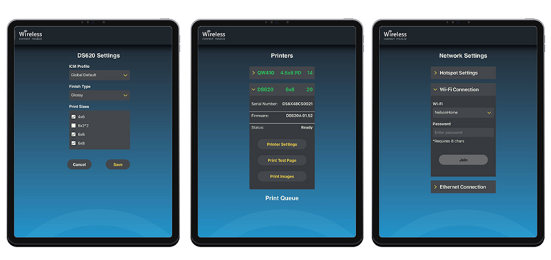 Screenshot of printer interface settings showing D6820 configuration, Printera print queue, and Network Settings panels.