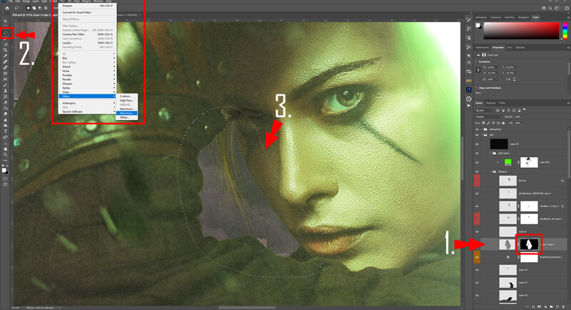 Screenshot of Adobe Photoshop interface showing color grading and editing workflow on a portrait image.