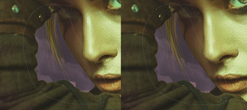 Side-by-side comparison of a portrait with warm golden lighting on a face with purple-toned shadows.