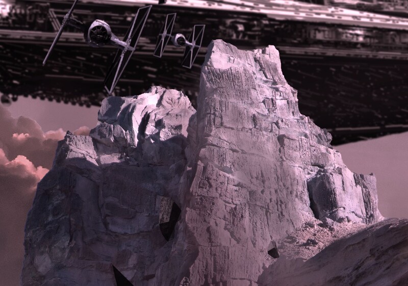 Mountain monument with carved presidential faces lit in cool purple tones beneath a dark structure.