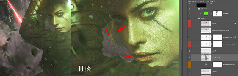 Screenshot of digital compositing work in progress showing layered portrait editing with green color grading and red accent elements.