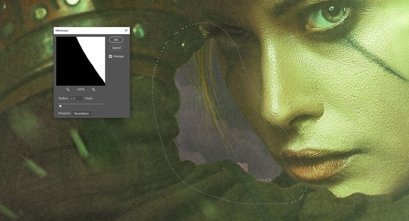Screenshot of photo editing software with gradient tool panel open over a portrait with green-toned color grading.