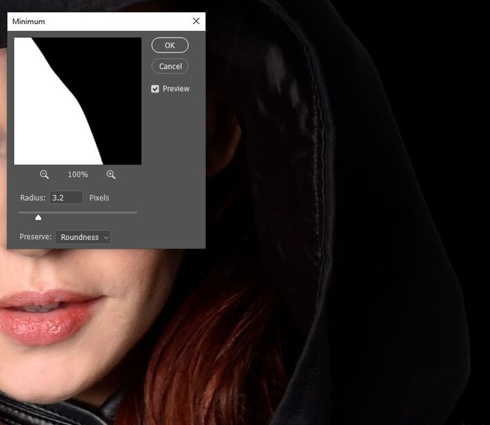 Screenshot of mask editing interface with portrait showing selective visibility adjustments.