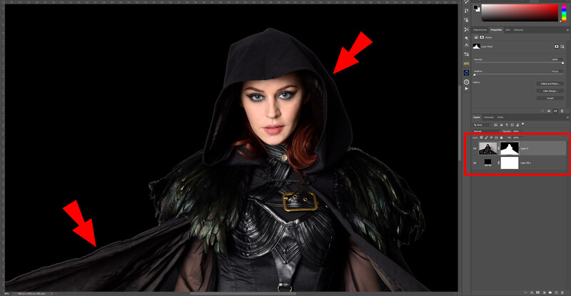 Screenshot of Photoshop workspace showing portrait editing with layer masks and adjustment layers visible in the layers panel.
