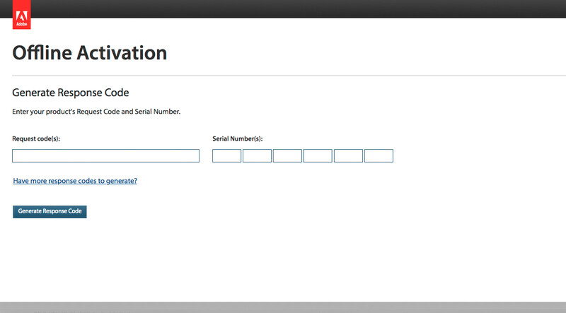 Screenshot of Adobe's Offline Activation page with fields for Request Code and Serial Number.