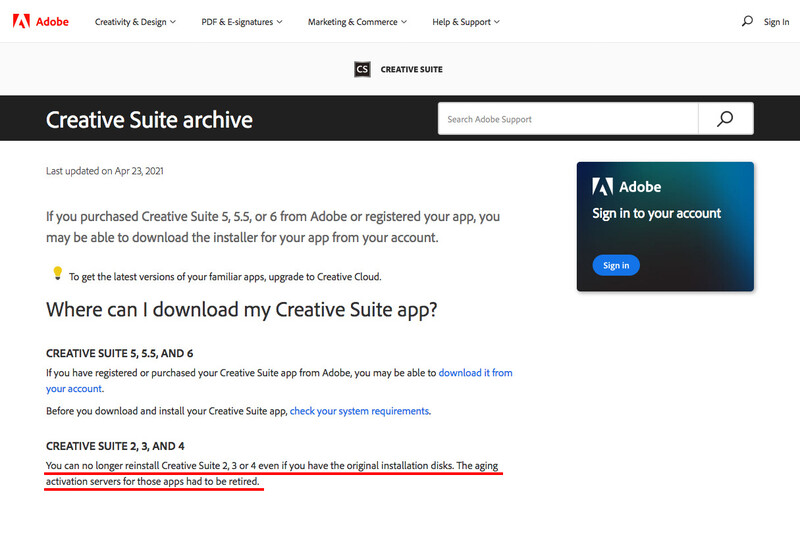 Screenshot of Adobe Creative Suite archive support page with download information and sign-in prompt.
