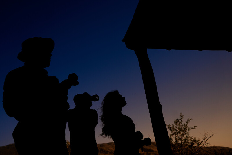 Silhouettes of people holding cameras against a twilight sky and landscape.