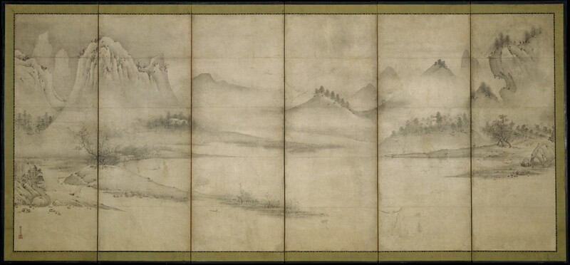 Six-panel ink landscape painting depicting misty mountains, valleys, and waterside settlements in classical Asian style.