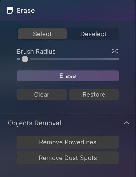 Screenshot of an image editing tool's Erase panel with brush radius slider and removal options.