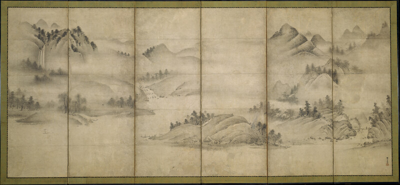 Six-panel ink landscape painting depicting misty mountains, forests, and valleys in monochromatic tones.