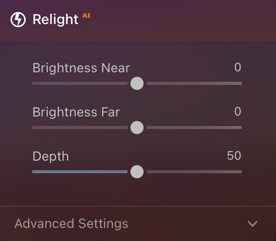 Screenshot of Relight AI panel showing brightness and depth adjustment sliders.