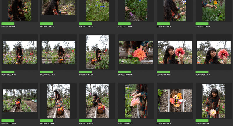 Contact sheet displaying multiple photographs of a woman posing among flowering plants in a garden setting.