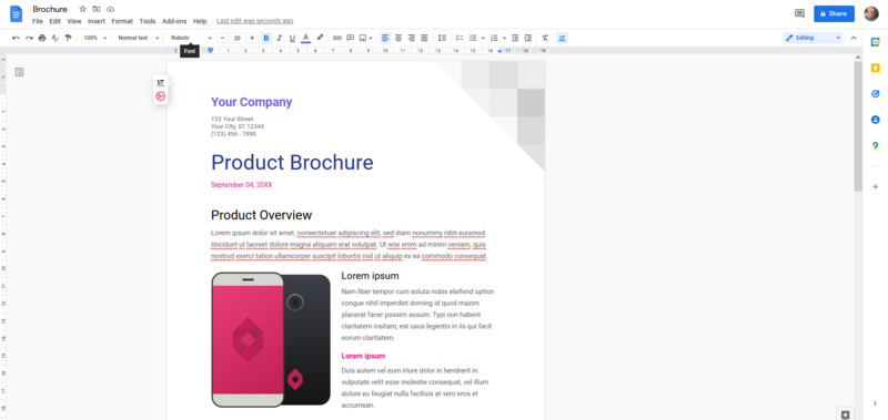 Screenshot of a Google Docs product brochure template with company header and smartphone mockup.