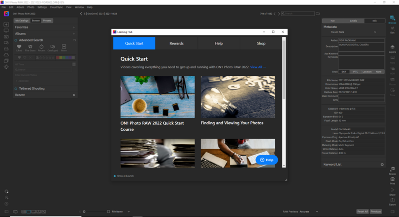 Screenshot of ONI Photo RAW 2022 Quick Start dialog with four tutorial options displayed.