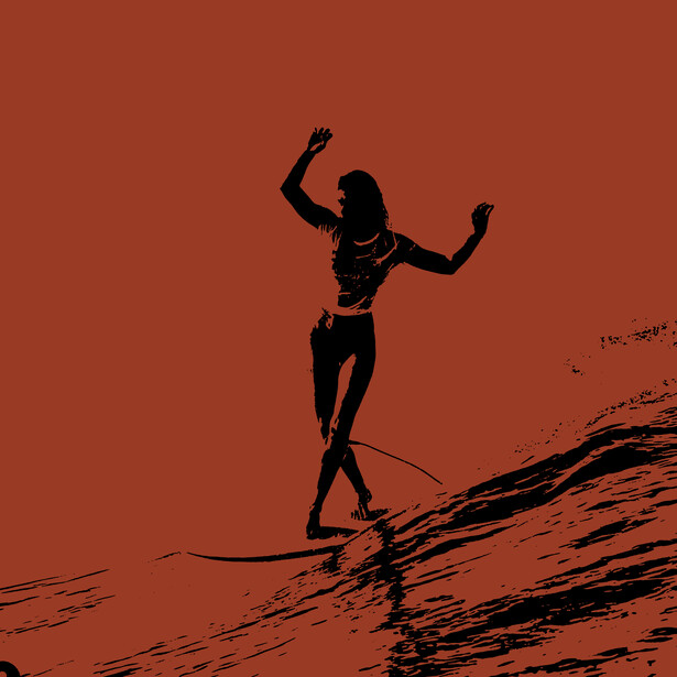 Silhouette illustration of a surfer standing on a wave with arms raised against a burnt orange background.