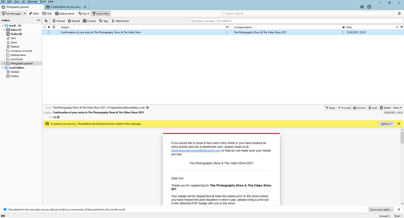 Screenshot of an email inbox with a yellow warning banner about an unverified sender regarding The Photography Show & Video Show 2021.