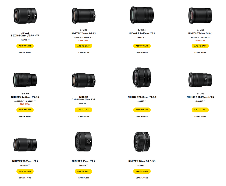 Grid of 12 camera lenses with product names, prices, and yellow shop buttons.