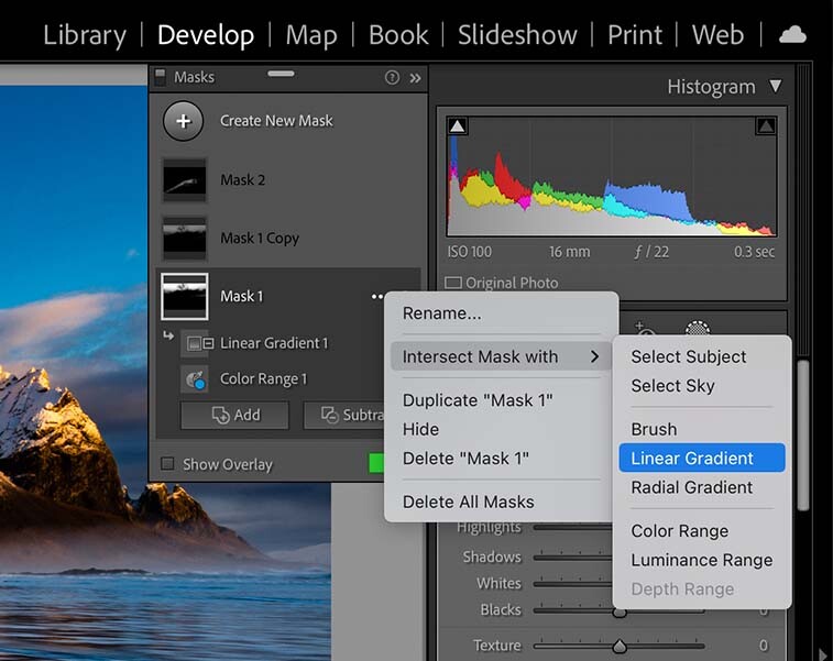 Screenshot of Lightroom's Masks panel showing gradient mask options and histogram overlay on a landscape photo.