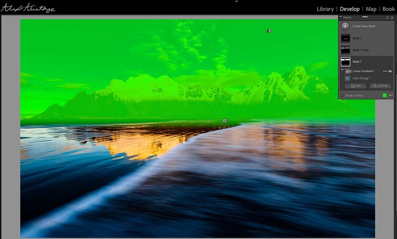 Screenshot of photo editing software showing a coastal landscape with green sky and blue water below.