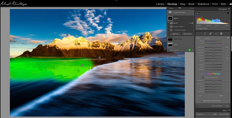 Screenshot of a photo editing software displaying a landscape with unnaturally bright green water.