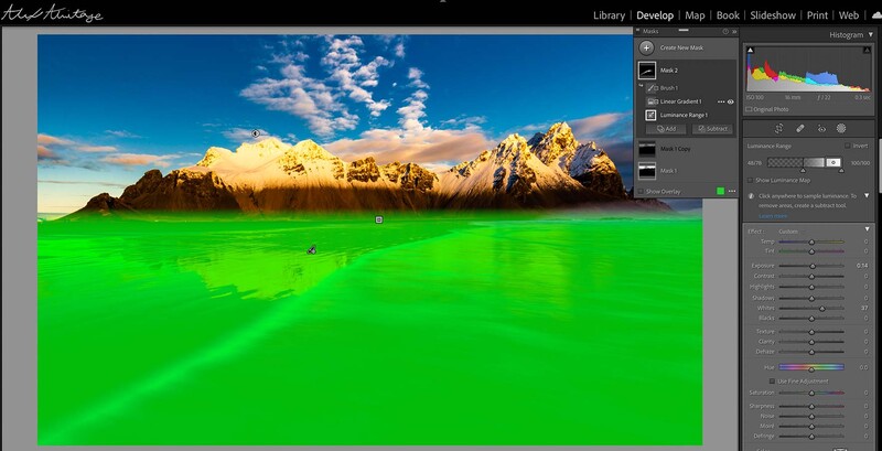 Screenshot of photo editing software showing a landscape with bright green foreground and mountains under blue sky.