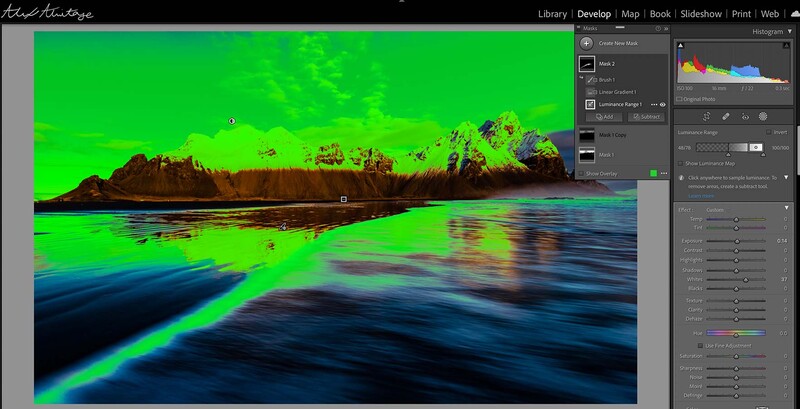 Screenshot of Lightroom displaying a thermal or false-color processed landscape image with vibrant green, blue, and orange tones.