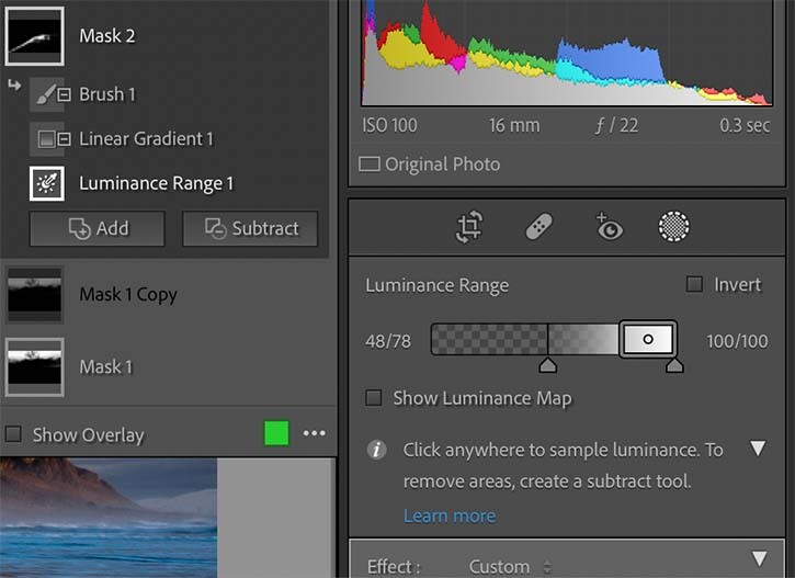 Screenshot of photo editing software showing Luminance Range mask adjustment panel with histogram.