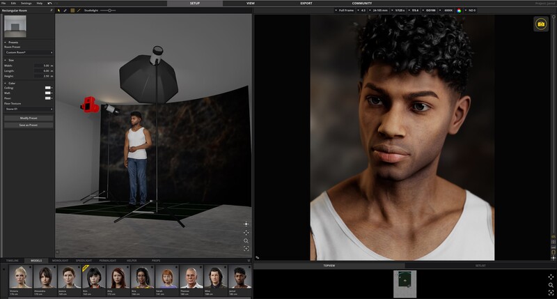 Portrait photography setup showing studio lighting with softbox and reflectors positioning a subject.