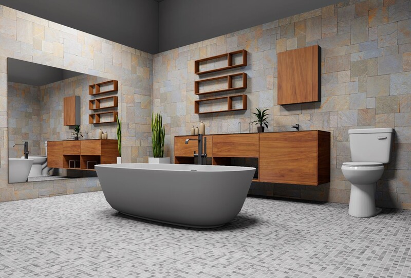 Modern bathroom 3D rendering with freestanding gray bathtub, wooden cabinetry, and tiled walls.