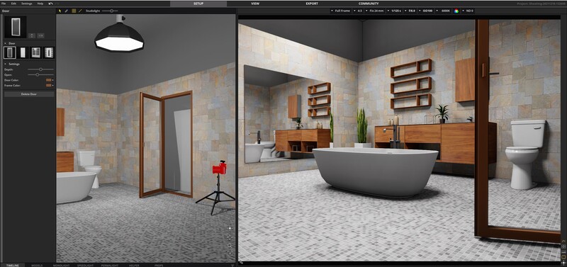3D rendering comparison of modern bathroom designs with freestanding tub and wood cabinetry.