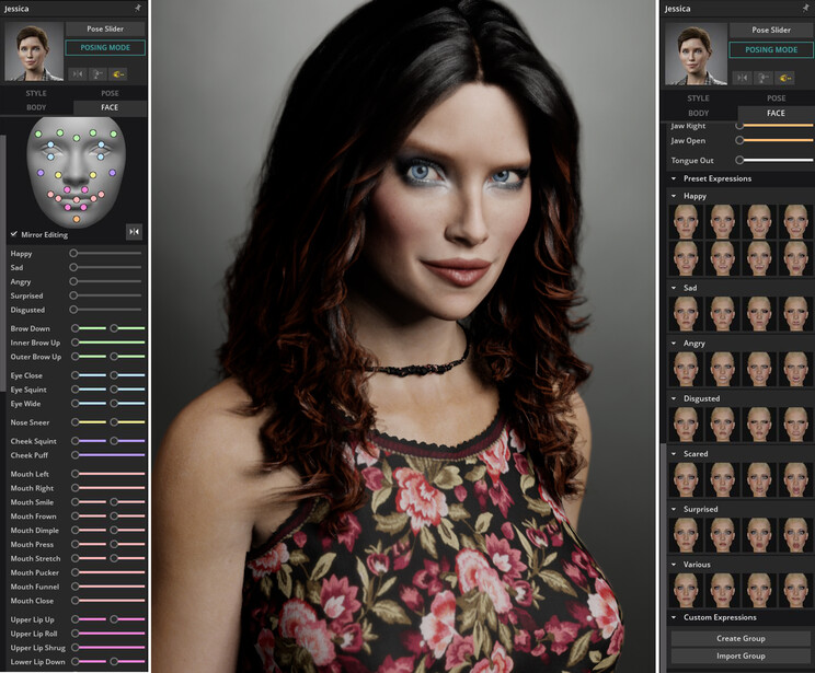Screenshot of 3D character creation software showing a female portrait with dark wavy hair and facial customization controls.