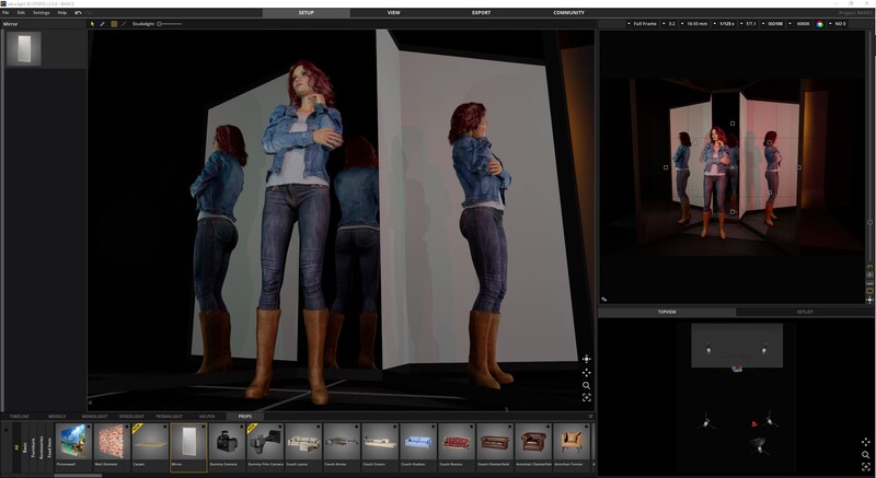 Screenshot of photo editing software displaying multiple views of a woman in denim and casual clothing posed against white panels.